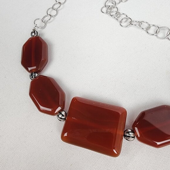 925 Sterling Silver Red Brown Natural Stone Chain Necklace - Picture 3 of 7